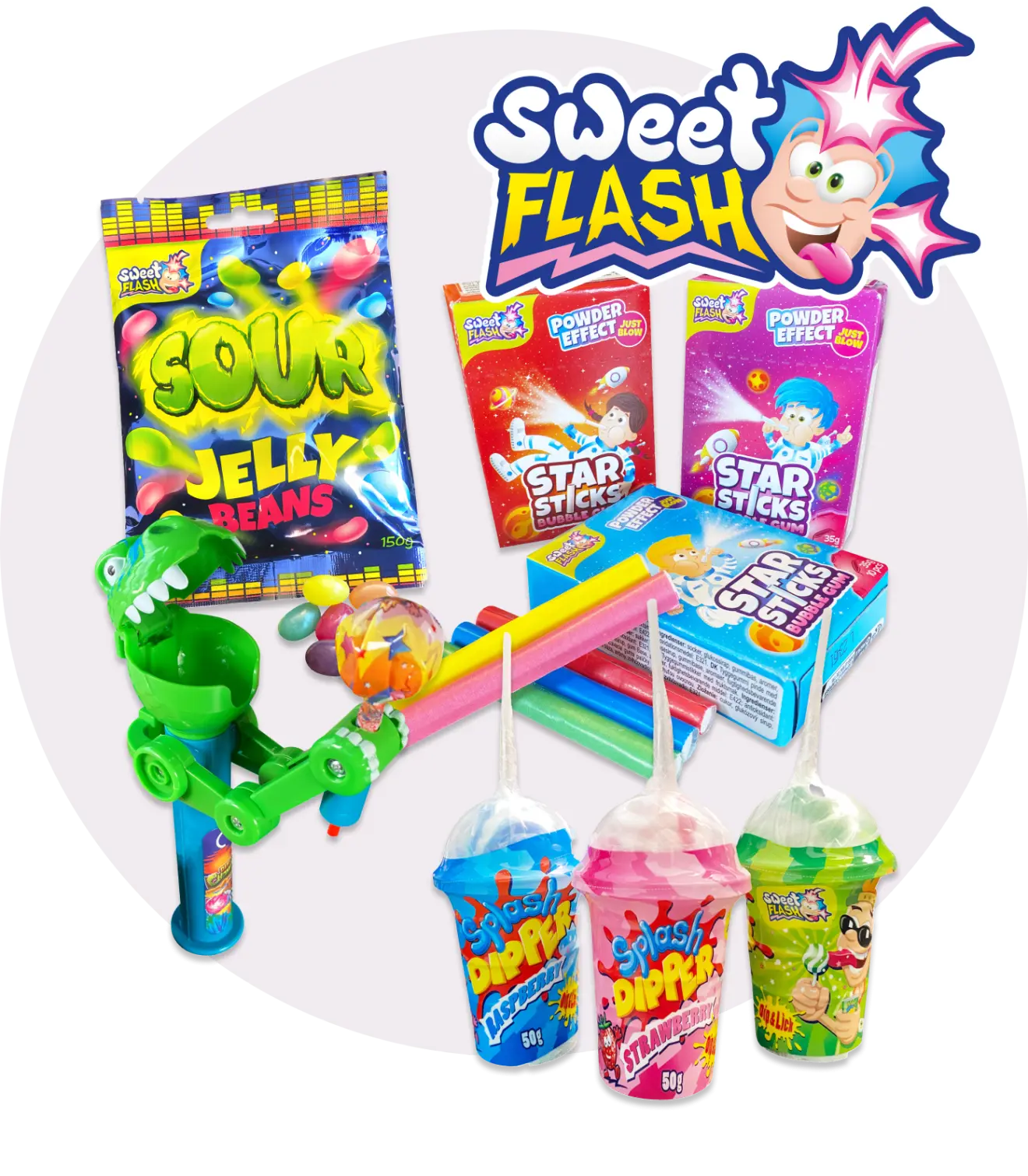 Bunte Süßigkeiten, darunter saure Geleebohnen, Sternstäbchen und verschiedene Dippbecher, sowie ein Spielzeug mit farbigen Stäben.