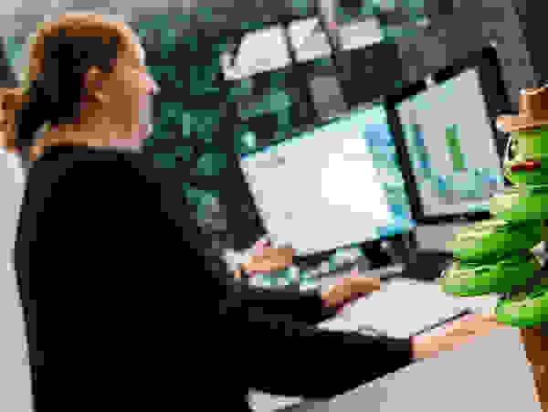 Eine Person arbeitet an einem Computer, während ein bunter Spielzeug-Schnappschlange im Vordergrund steht. Im Hintergrund sind Spielzeug-Waffen zu sehen.