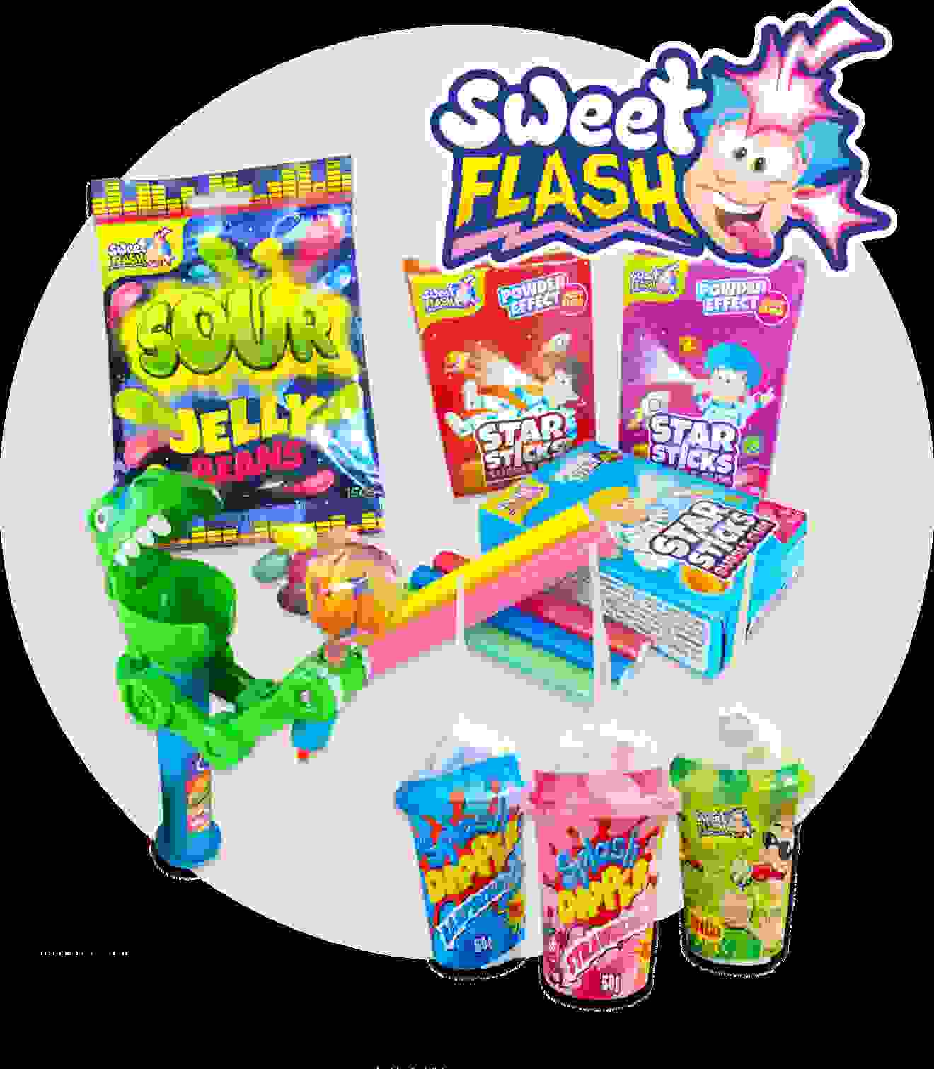 Bunte Süßigkeiten, darunter saure Geleebohnen, Sternstäbchen und verschiedene Dippbecher, sowie ein Spielzeug mit farbigen Stäben.