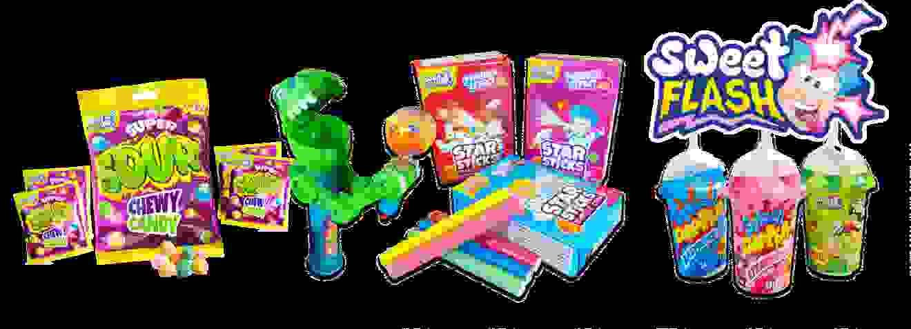 Bunte Süßigkeitenverpackungen, ein grüner Dinosaurier-Spielzeugspender, verschiedene Süßstoffstäbchen und farbige Snacks, dazu das Logo 