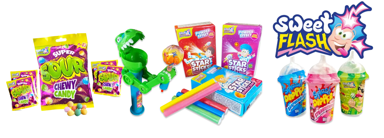 Bunte Süßigkeitenverpackungen, ein grüner Dinosaurier-Spielzeugspender, verschiedene Süßstoffstäbchen und farbige Snacks, dazu das Logo 