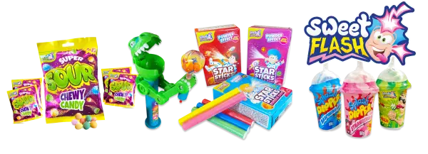 Bunte Süßigkeitenverpackungen, ein grüner Dinosaurier-Spielzeugspender, verschiedene Süßstoffstäbchen und farbige Snacks, dazu das Logo 